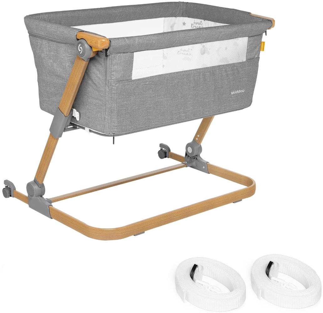 skiddoü Babybett Natt 3in1 Beistellbett Reisebett Zustellbett, freistehendes Babybett für Kleinkinder, höhenverstellbar, zusammenklappbare leichte Aluminium Konstruktion, grau, holzfarbe Bild 1