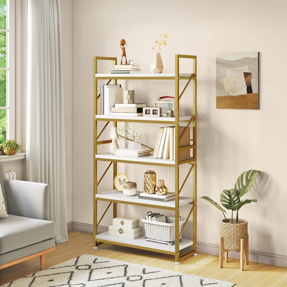 YITAHOME Bücherregal mit 5 Ebenen, Großes Standregal, Holzregal und Metallrahmen, Industrieregal, Bodenstehendes Lagerregal, für Wohnzimmer, Home Office, Gold Regal Bild 1