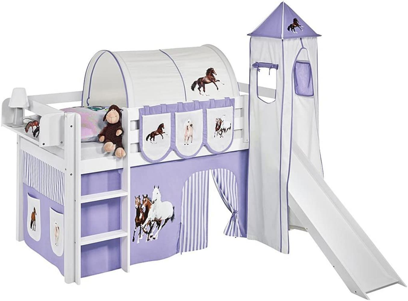 Lilokids 'Jelle' Spielbett 90 x 200 cm, Pferde Lila Beige, Kiefer massiv, mit Turm, Rutsche und Vorhang Bild 1