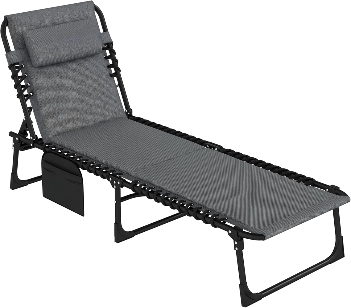 Outsunny Gartenliege mit Seitentasche, Kopfkissen, 5-Fach verstellbare Rückenlehne, Sonnenliege klappbar, 1 St, wetterfeste Liegestuhl, bis 120 kg belastbar, für Garten Strand Pool, Dunkelgrau Bild 1
