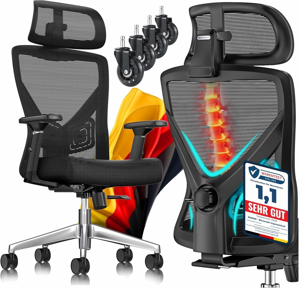 KESSER® Bürostuhl mit verstellbaren Armlehnen | Drehstuhl mit Lendenwirbelstütze Rückenschonend | Schreibtischstuhl ergonomisch mit Kopfstütze | Office Chair Wippfunktion bis 125° mit 5x Gummirollen Schwarz / Silber Bild 1
