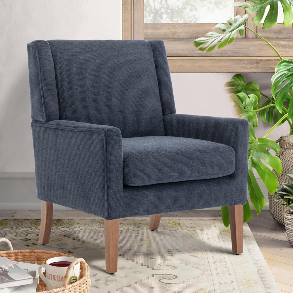 COLAMY Sessel Moderner Ohrensessel für das Wohnzimmer, gepolsterter Stoff-Akzent-Fauteuil, Einzelsessel mit Lounge-Sitz und Holzbeinen für Schlafzimmer/Büro/Leseecken (Blau) Bild 1