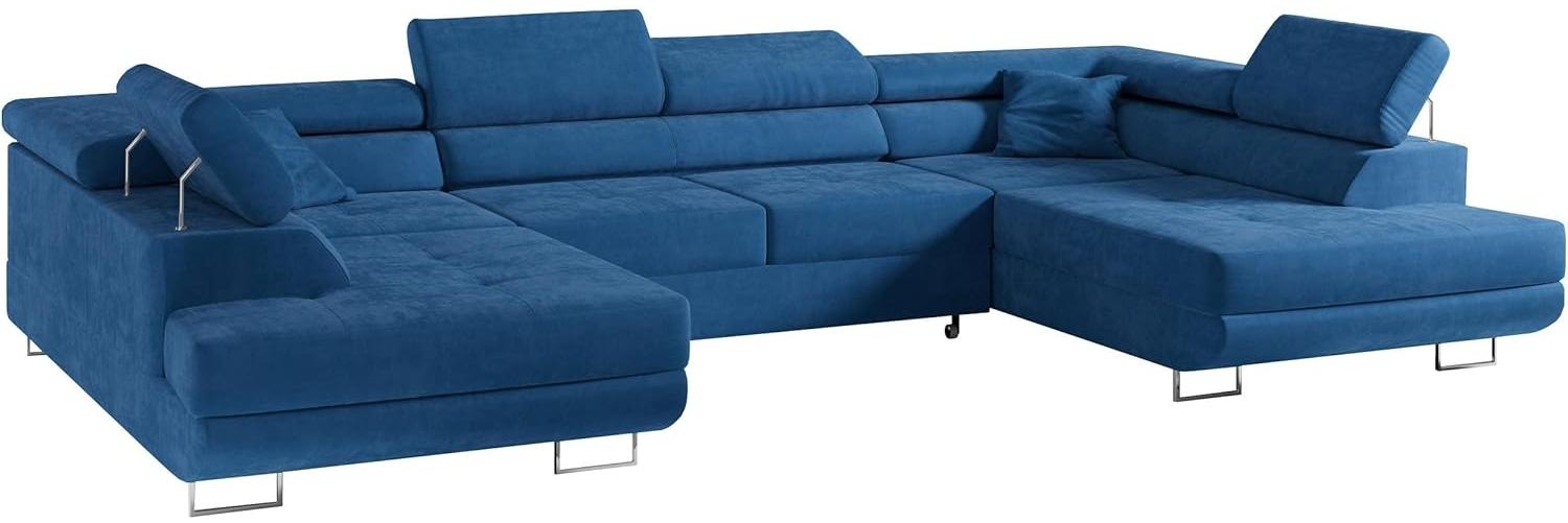 Ecksofa, Wohnzimmer U Couch, Polstersofa mit Bettkasten - GUSTAW-U - Marineblau Velours Bild 1