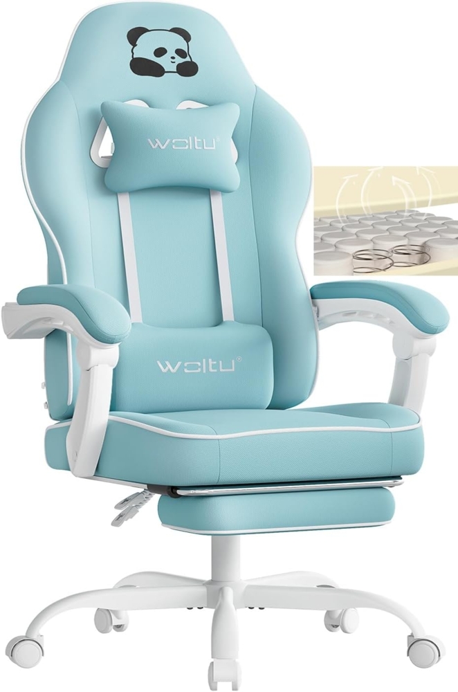 WOLTU Gaming Stuhl mit Taschenfederkissen, Gaming Sessel 150 kg Belastbarkeit, ergonomischer Drehstuhl, Gamer Stuhl mit Kopfkissen, Lendenkissen, Fußstütze, Netzstoff, Hellblau, GS16hbl Bild 1