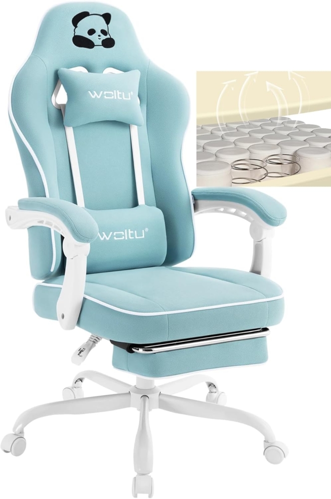 WOLTU Gaming Stuhl mit Taschenfederkissen, Gaming Sessel 150 kg Belastbarkeit, ergonomischer Drehstuhl, Gamer Stuhl mit Kopfkissen, Lendenkissen, Fußstütze, Netzstoff, Hellblau, GS16hbl Bild 1