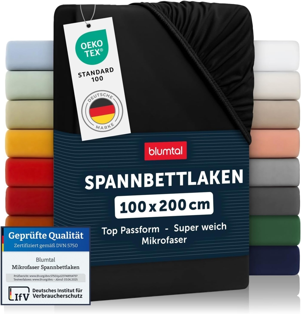 Blumtal® Spannbettlaken 100x200 cm 2er Pack - Bettlaken 100x200 Spannbettlaken aus Microfaser - Spannbetttuch 100x200 im 2er Set - Spannbettuch 100x200 - Leintuch 100x200 - Spannleintuch- Schwarz Bild 1