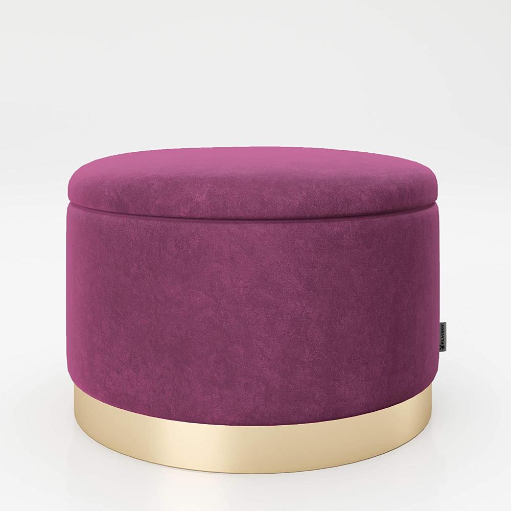 PLAYBOY - runder Pouf "SUE" gepolsterter Sitzhocker mit Stauraum, Samtstoff in Lila, goldener Metallfuss, Retro-Design Bild 1