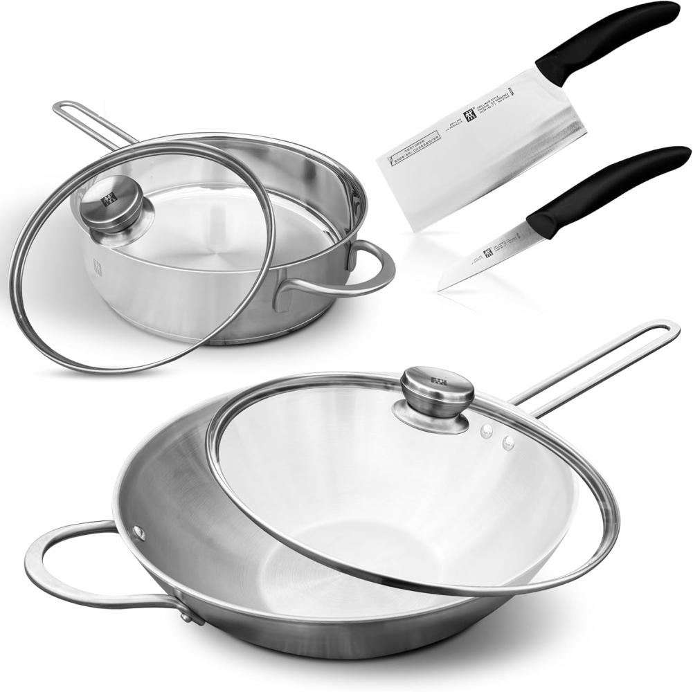 Zwilling TwinNova3 Wokpfanne 30cm + Schmorpfanne 24 cm + 2x Glasdeckel + 2 Küchenmesser, 6 tlg, Wok + Schmor Pfanne Unbeschichtet, Spülmaschinenfest, rutschfester Griff, FÜR ALLE HERDARTEN, Silber Bild 1