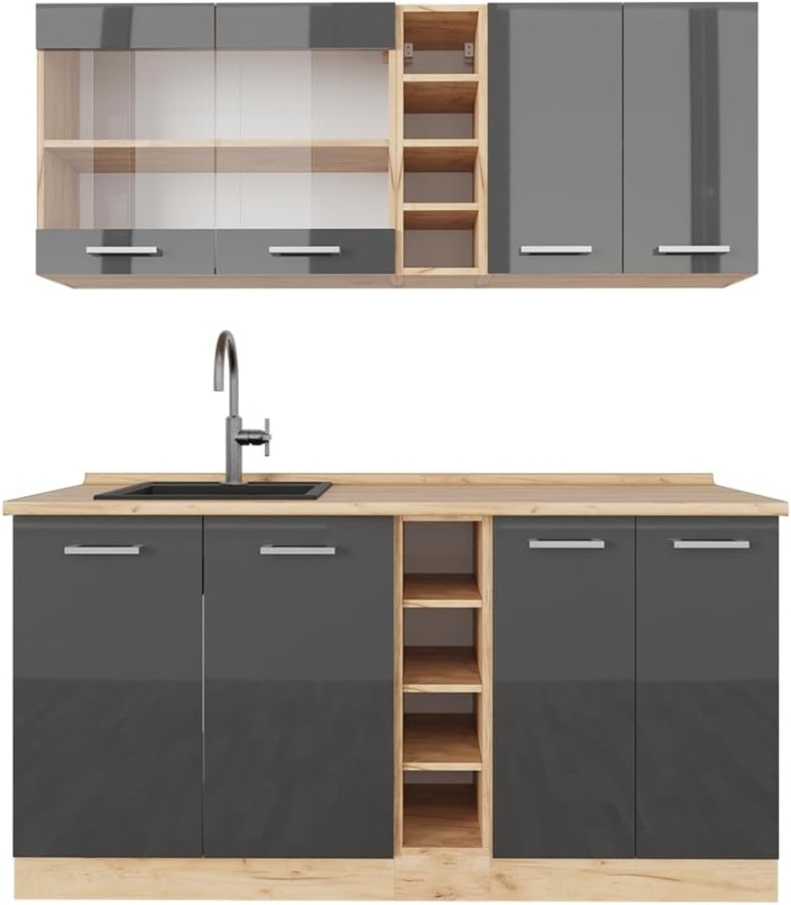 Vicco Singleküche Anthrazit Hochglanz/Goldkraft Eiche 160 cm ohne Arbeitsplatte, R-Line Bild 1