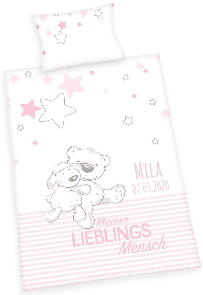 Wolimbo Baby Bettwäsche mit Namen 100x135 cm - Motiv Lieblingsmensch ROSA - für Kinder Junge und Mädchen Set Bild 1