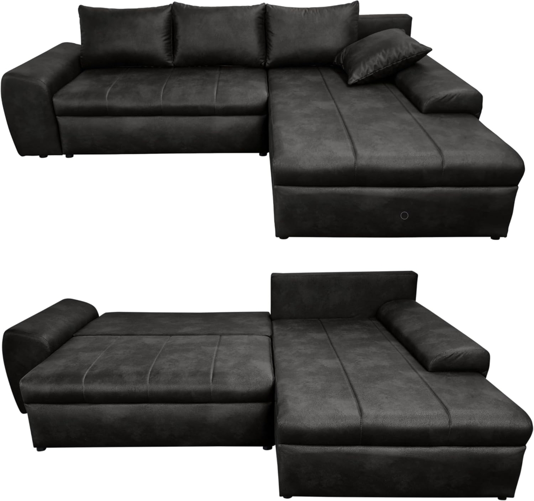 luma-home Ecksofa 18013, mit Bettfunktion 266x186 cm, Ottomane rechts, Federkern im Rücken, Wellenunterfederung,Bettkasten, Mikrofaser Leder-Optik Vintage Schwarz Bild 1