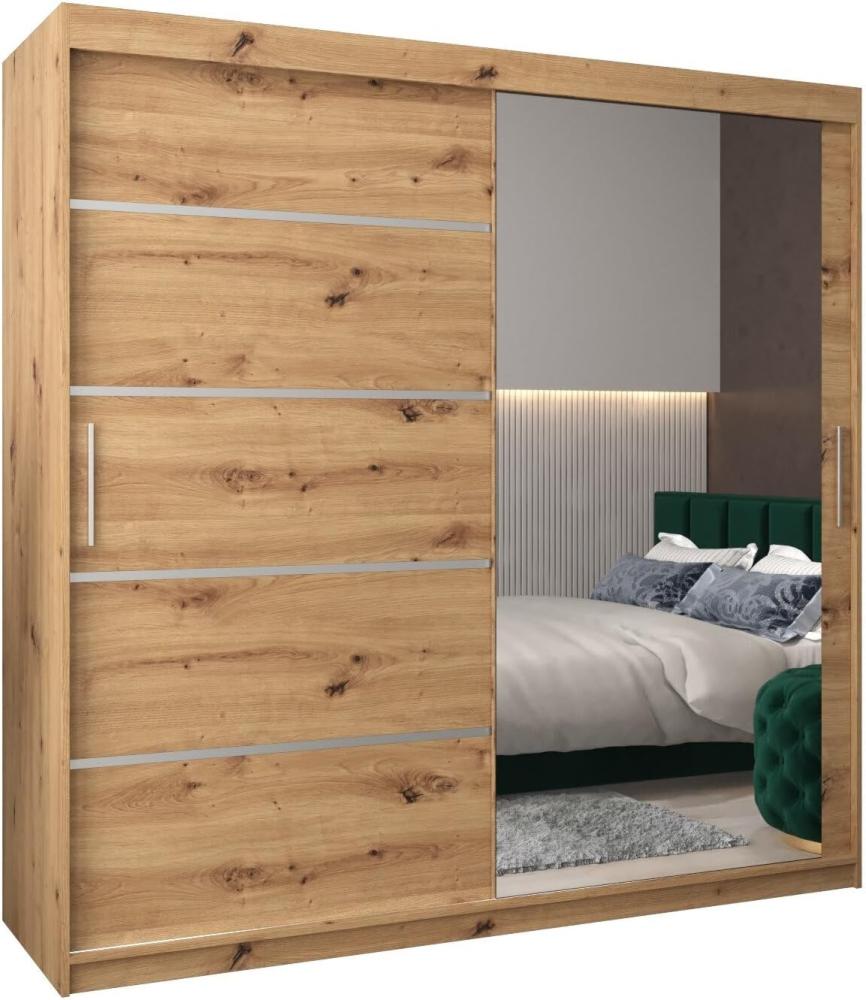 Kryspol Schwebetürenschrank Verona 2-200 cm mit Spiegel Kleiderschrank mit Kleiderstange und Einlegeboden Schlafzimmer- Wohnzimmerschrank Schiebetüren Modern Design (Artisan Eiche) Bild 1