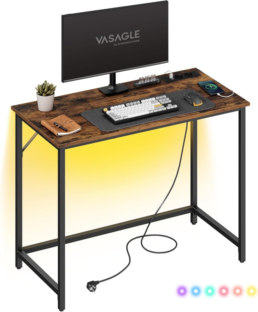 Vasagle Schreibtisch, Gaming-Tisch mit LED-Beleuchtung, Steckdosenleiste, Computertisch, 50 x 100 x 76, platzsparend, für Arbeitszimmer, Homeoffice, vintagebraun-tintenschwarz von Songmics Bild 1