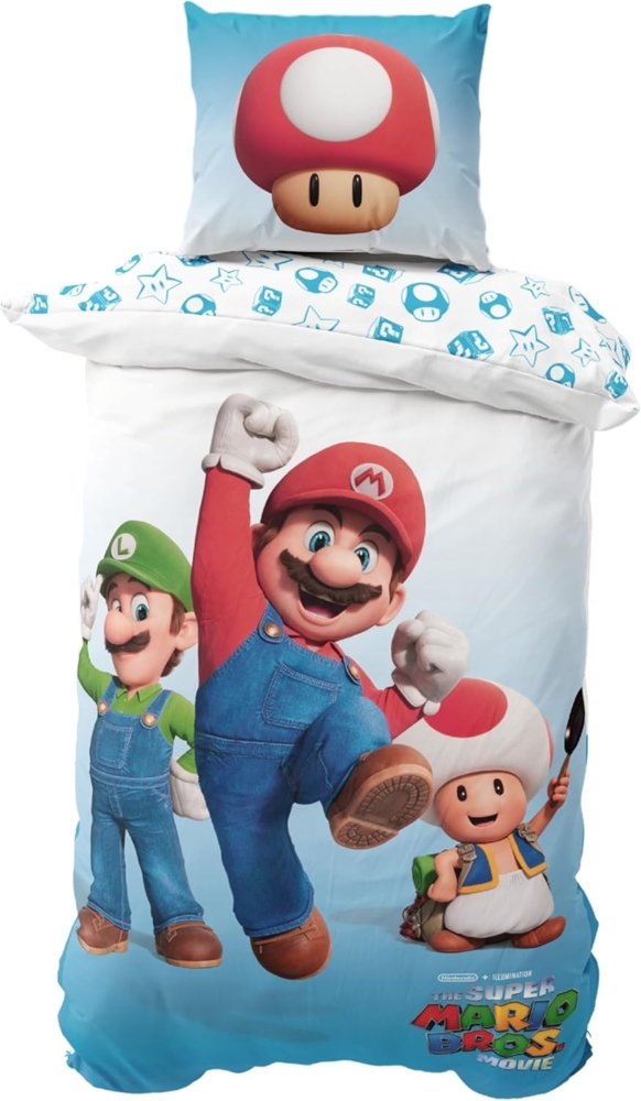 MTOnlinehandel Kinderbettwäsche Nintendo Super Mario, Geschenk für Gamer, Luigi und Toad, Mikrofaser, 2 teilig, Wendebettwäsche für Mädchen und Jungs, 135x200 + 80x80 cm, Gaming Bild 1