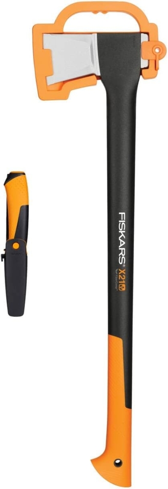 Fiskars Set mit Axt und Messer, Spaltaxt mit Klingen-/Transportschutz, Stahl-Klinge/Kunststoff, X21–L, Universalmesser inkl. Holster mit integriertem Messerschärfer, Schwarz/Orange, 1025436 Bild 1