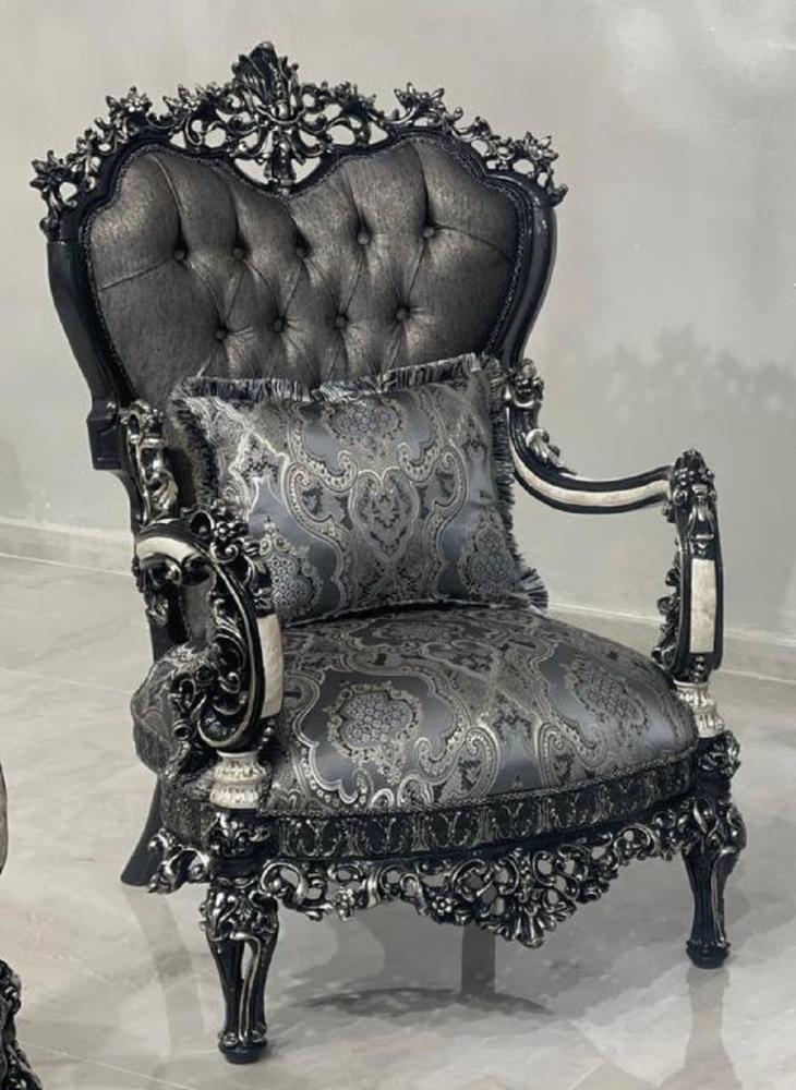 Casa Padrino Luxus Barock Sessel Silber / Weiß / Schwarz / Gold - Prunkvoller Wohnzimmer Sessel - Barockstil Wohnzimmer Möbel - Luxus Möbel im Barockstil - Barock Möbel - Barock Einrichtung Bild 1