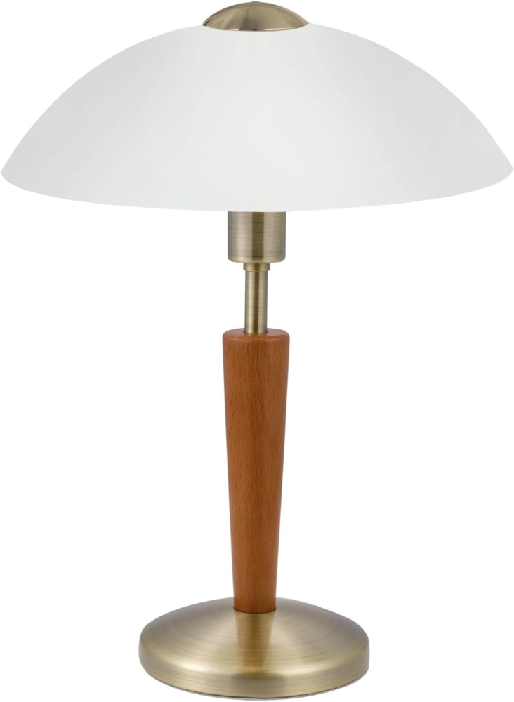 Eglo 87256 Tischleuchte SOLO 1 Stahl brüniert, Holz Nuss, Glas satiniert, weiss E14 max. 1X40W H:35cm Ø26cm mit Touchdimmer Bild 1