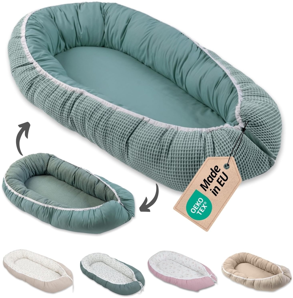 ULLENBOOM ® Bettnestchen Kuschelnest Baby 55x95 cm, kuscheliges Babynest, Made in EU, (1-tlg), Ideal für Neugeborene als Reisebett, Salbeigrün Regenwald Bild 1