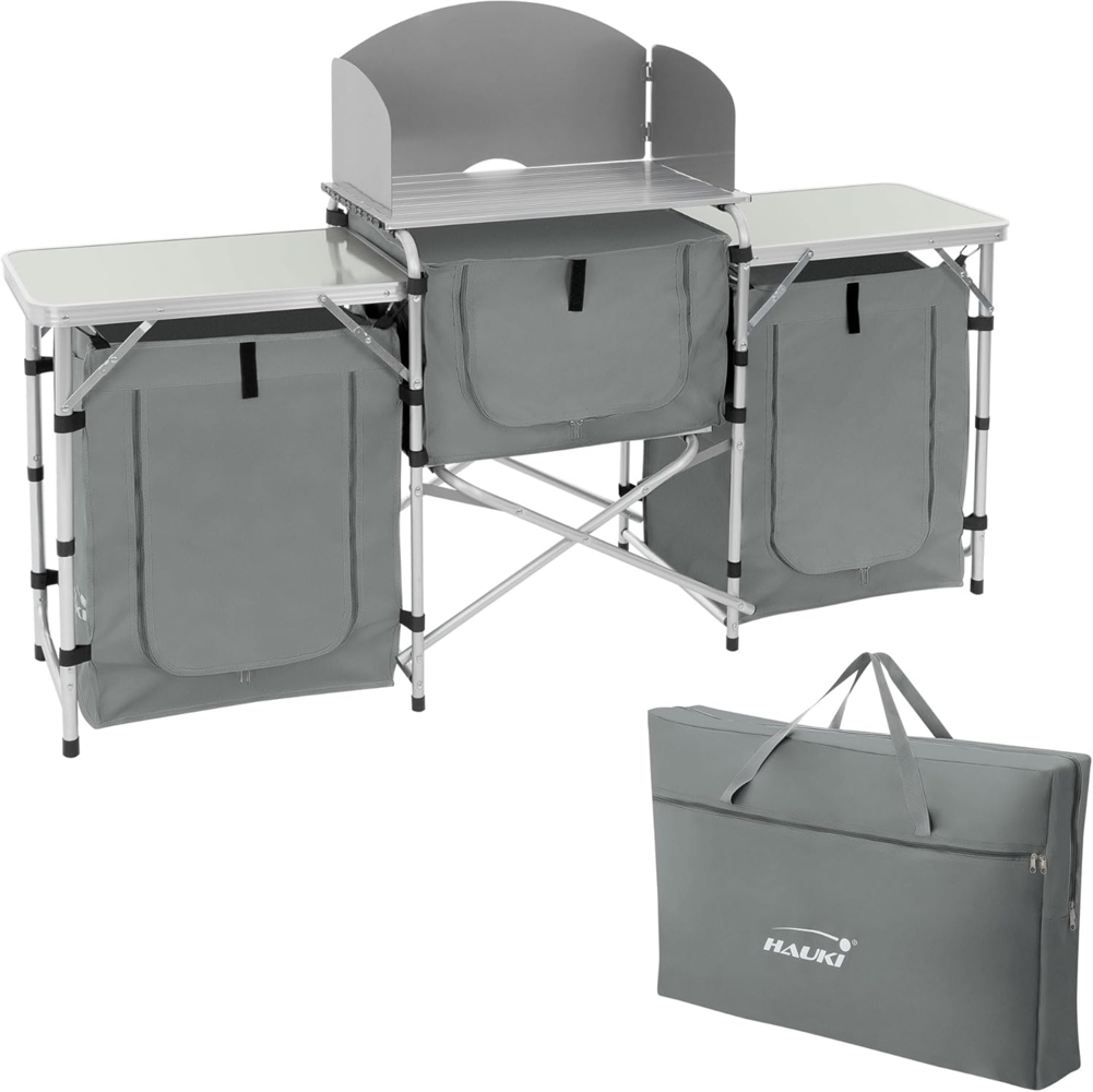 Hauki Campingschrank Camping Küche faltbar mit Tragetasche und Windschutz Outdoorküche aus Aluminium mit Arbeitsplatte 174,5x40x110,5 cm Grau Bild 1