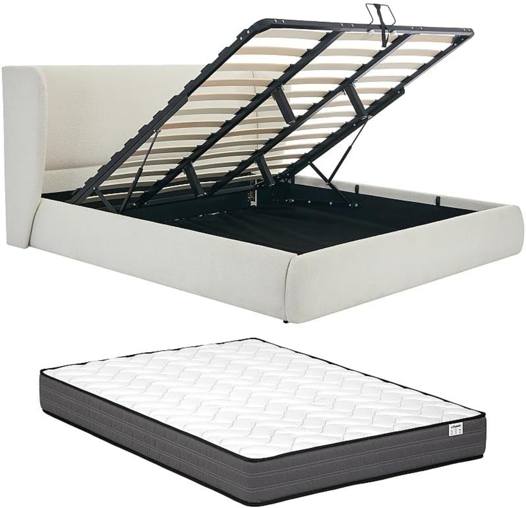 Vente-unique - Bett mit Bettkasten + Matratze - 140 x 190 cm - Bouclé-Stoff - Cremefarben - CORTAGA Bild 1