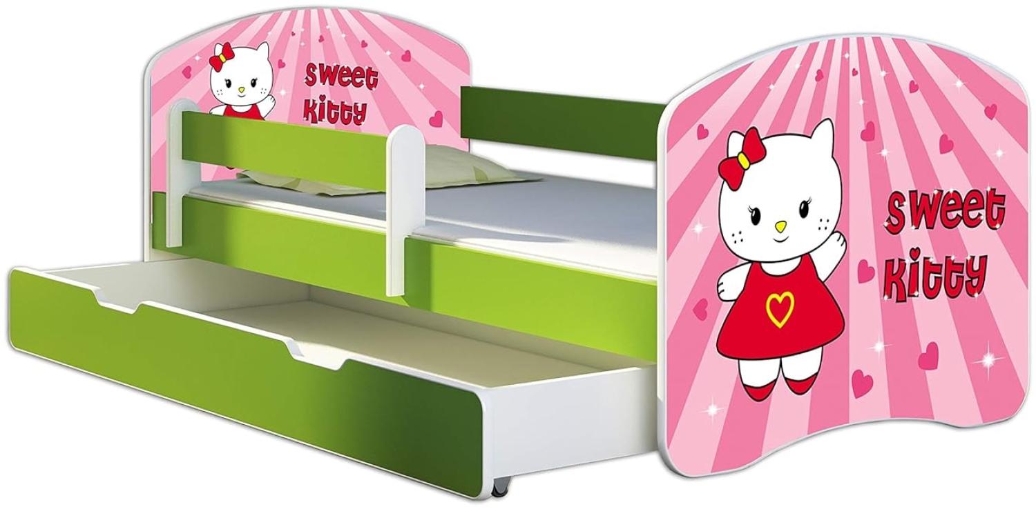 ACMA Kinderbett Jugendbett mit Einer Schublade und Matratze Grün mit Rausfallschutz Lattenrost II 140x70 160x80 180x80 (15 Sweet Kitty, 160x80 + Bettkasten) Bild 1