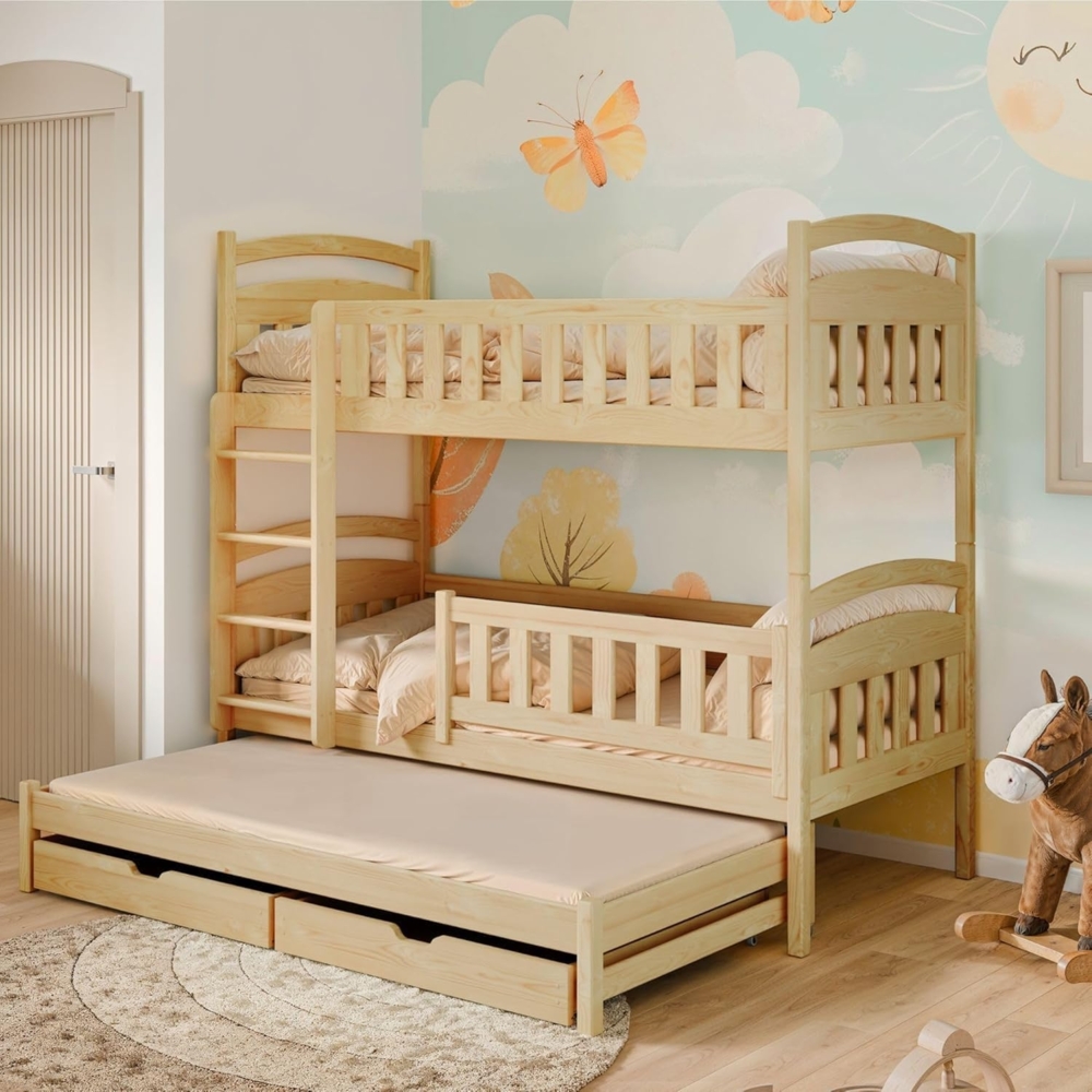 Kids Collective Etagenbett Hochbett Kinderbett 90x200 cm mit Lattenrost und Rausfallschutz, mit Ausziehbett, zwei Schubladen und drei Matratzen, natur Bild 1