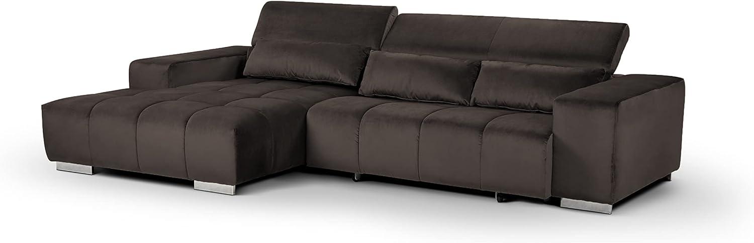 Mivano Eckcouch Orion / Großes Ecksofa mit XL-Recamiere inkl. Relaxfunktion, Kopfteilfunktion und Kissen / 307 x 73 x 186 / Velours, Braun Bild 1