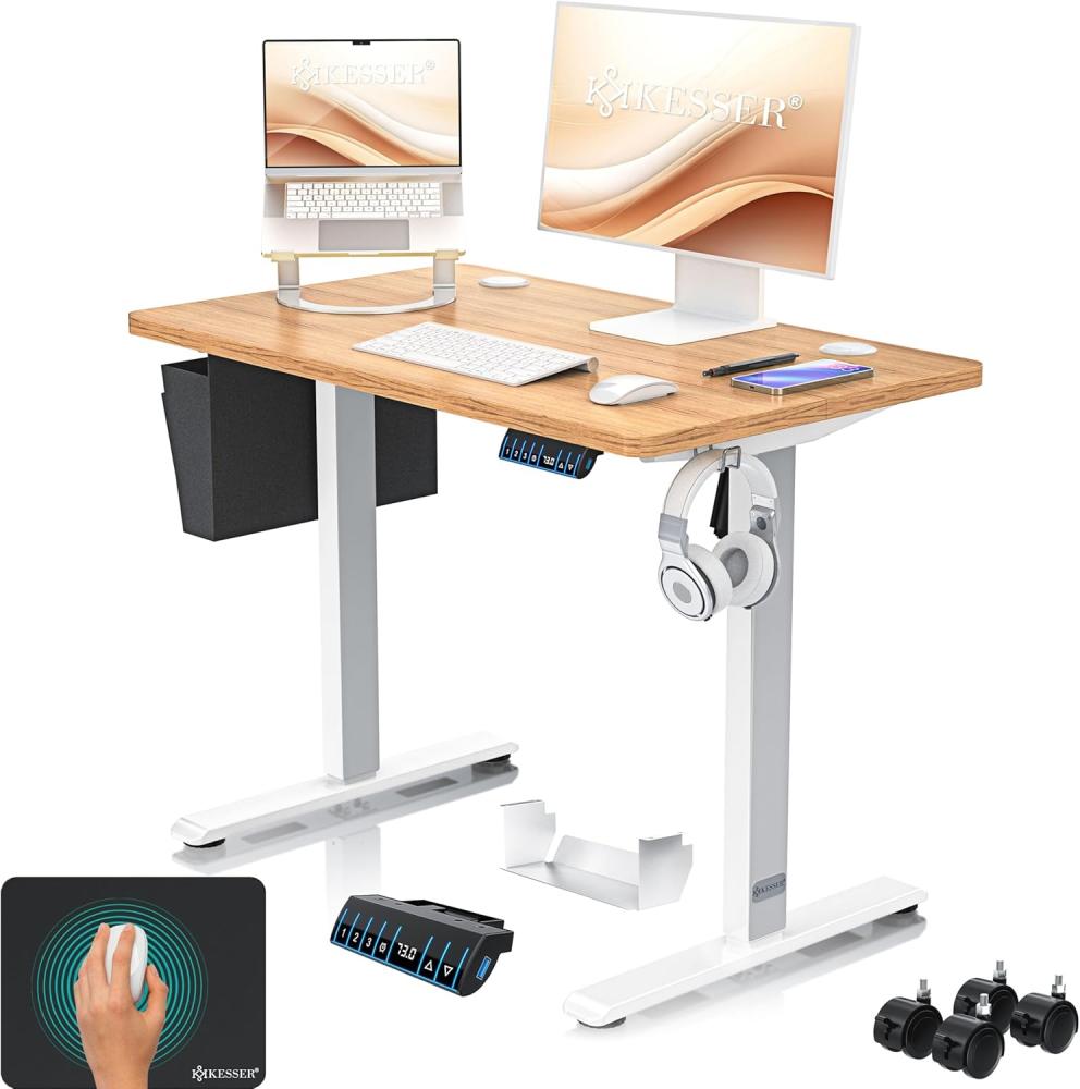 KESSER® Höhenverstellbarer Schreibtisch elektrisch | Ergonomisch Steh-Sitz Schreibtisch | 3-Funktions-Memory Steuerung | Inkl. 360° Rollen & USB-Ladeanschluss | Computertisch für Homeoffice Beige, 100x60 cm Bild 1