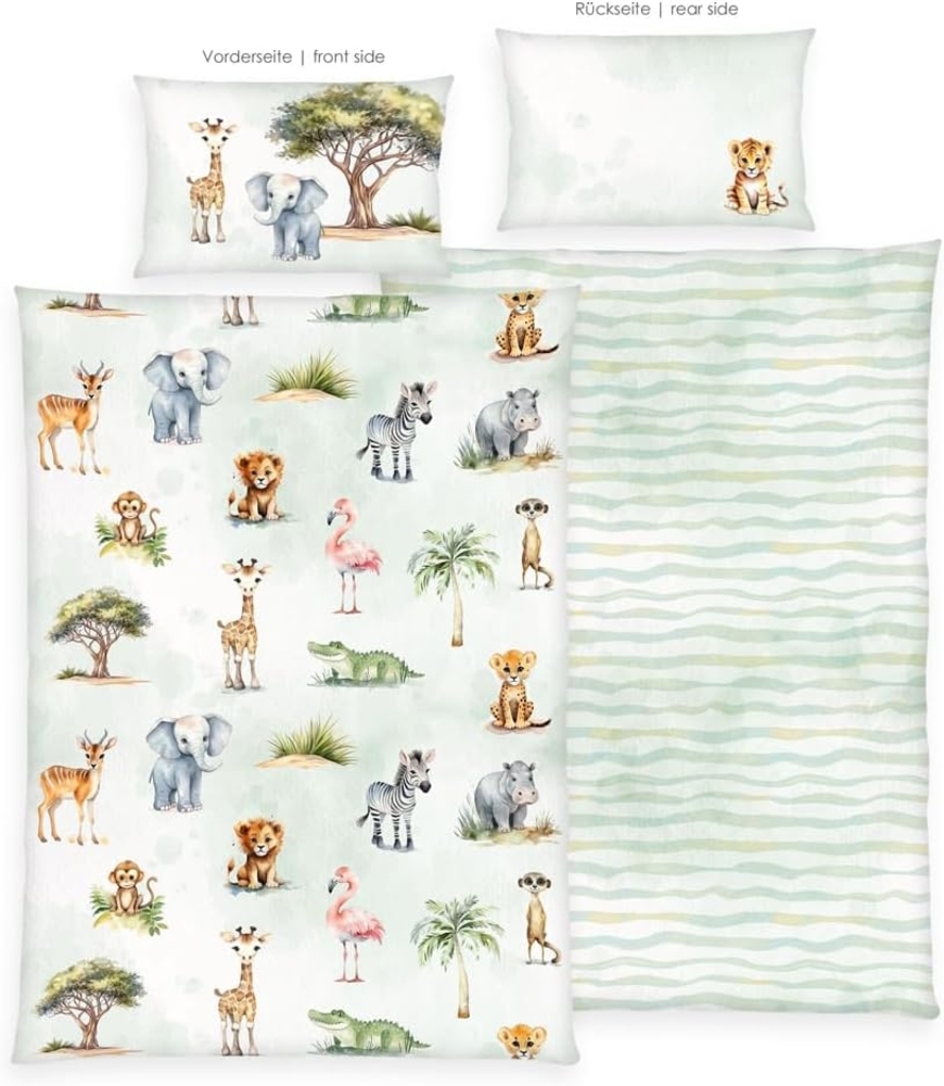 Herding Flanell Baby Kinder Bettwäsche Safari Zoo Tiere blau-grün 100x135 cm Bild 1