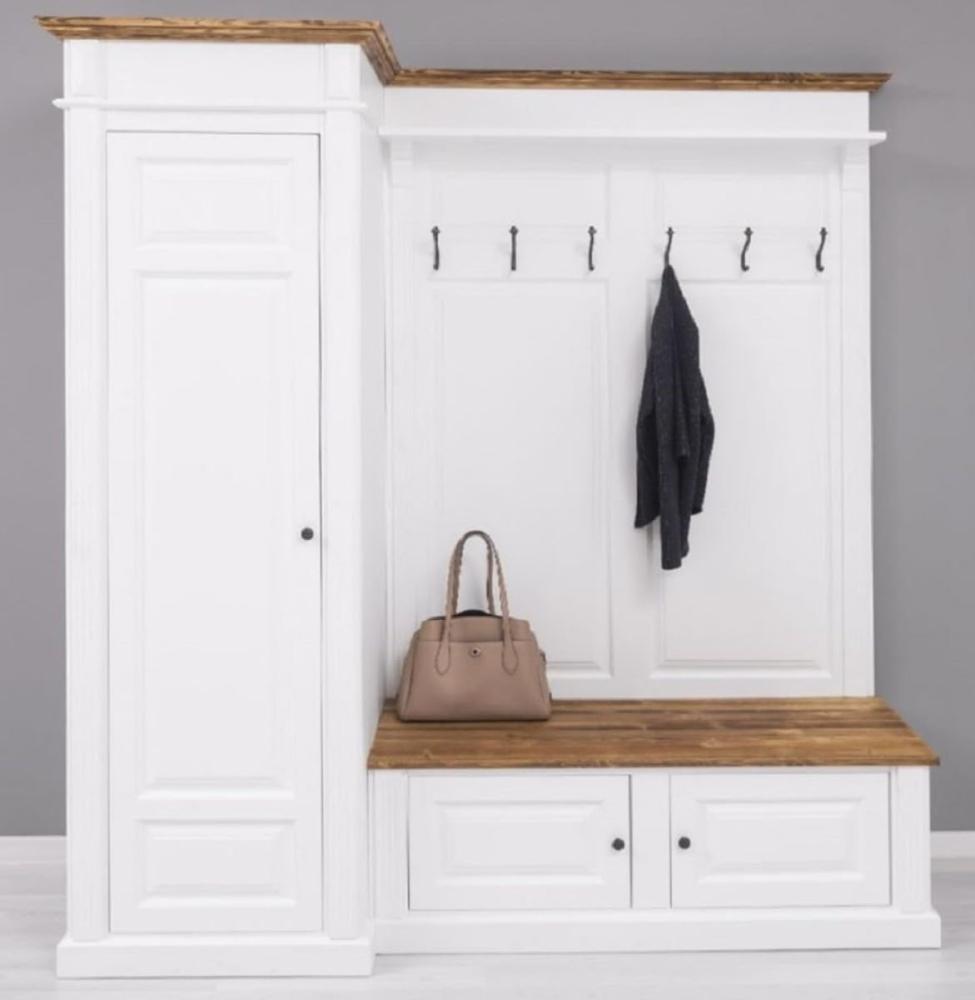 Casa Padrino Landhausstil Garderobenschrank Weiß / Braun 205 x 65 x H. 210 cm - Massivholz Garderobe - Flur Schrank - Flurmöbel - Garderoben Möbel - Massivholz Möbel - Landhausstil Möbel Bild 1