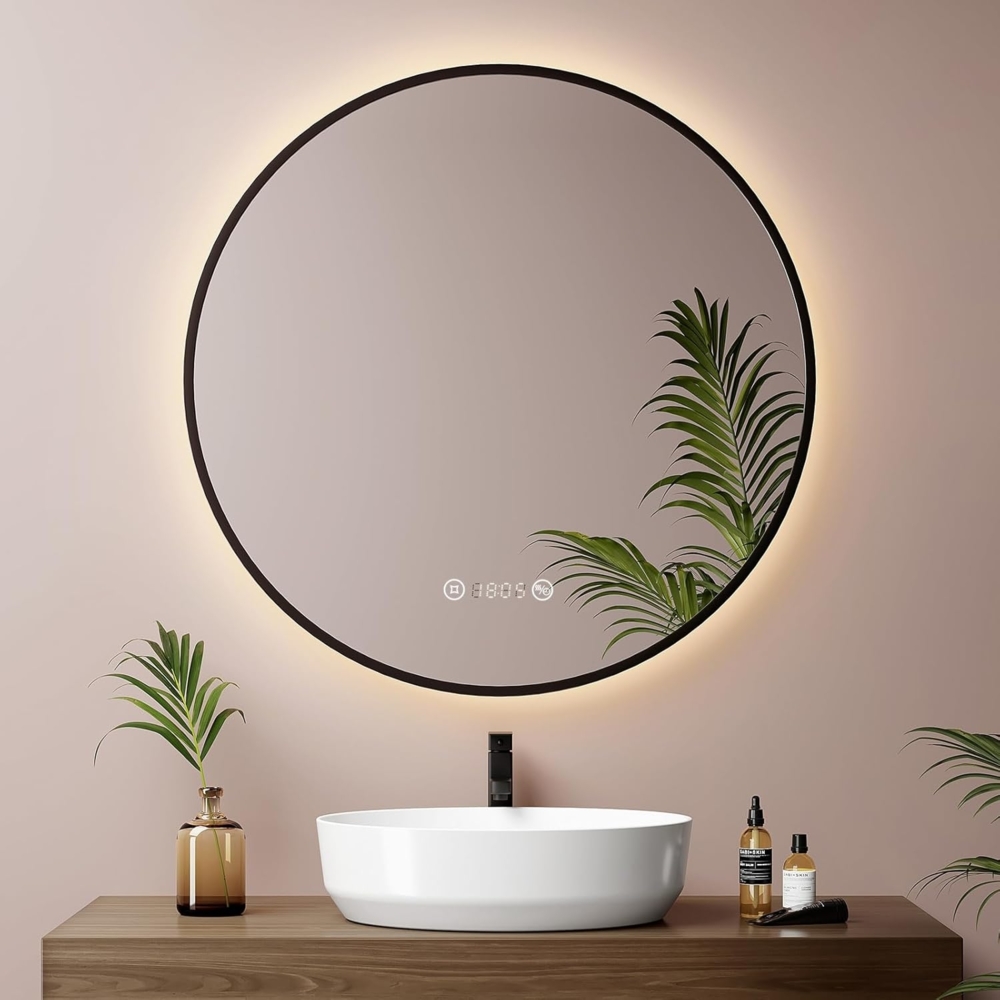 EMKE LED Badspiegel ф70cm Schwarzer Rand, Beschlagfrei, Uhr, Temperatur, Dimmbar, Memory-Funktion Neutrales Licht Wandspiegel Bild 1