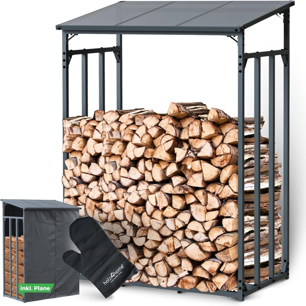 holz4home® Kaminholzregal Holzlager I Brennholzregal I Überdachung als Stapelhilfe für Brennholz, inkl. Plane und Holzhandschuh Bild 1