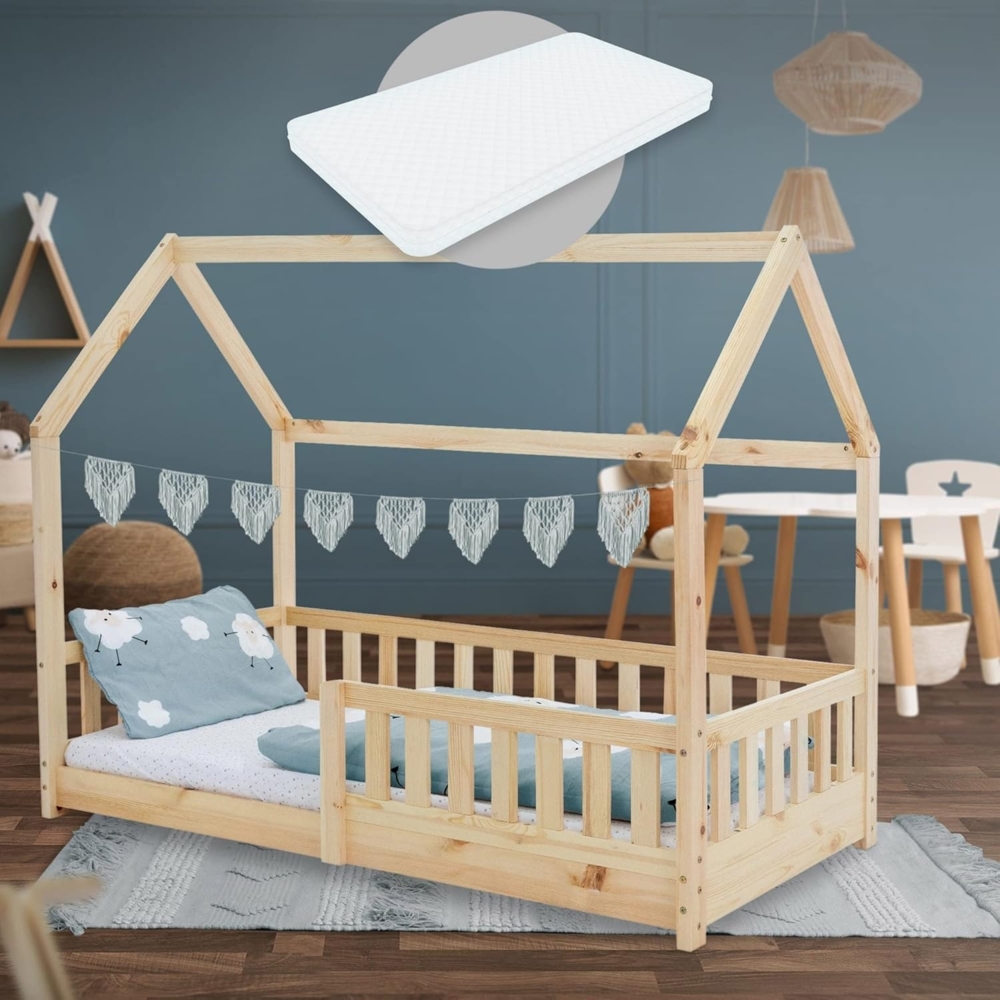 ML-DESIGN Kinderbett Hausbett mit Rausfallschutz, Dach und Lattenrost Massivholz, Bett 80x160 cm Natur mit Matratze 16cm für Mädchen Jungen Holzbett Bild 1