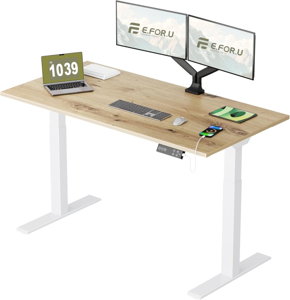 E.For.U® Höhenverstellbarer Schreibtisch 160x80 cm, 2 Motoren, Stabiler Schreibtisch Höhenverstellbar Elektrisch mit 2-Fach-Teleskop, 4 Memory-Steuerung, mit Tischplatte (Weiß + Asteiche) Bild 1