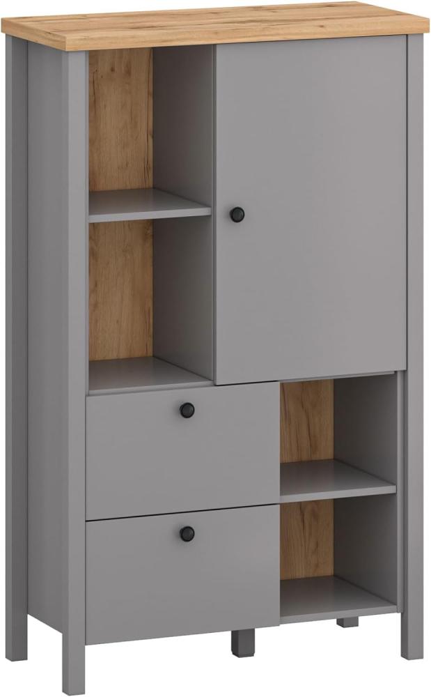 Highboard Kommode Melini 85 x 38 x 139 cm schiefergrau Eiche Delano hell Bild 1