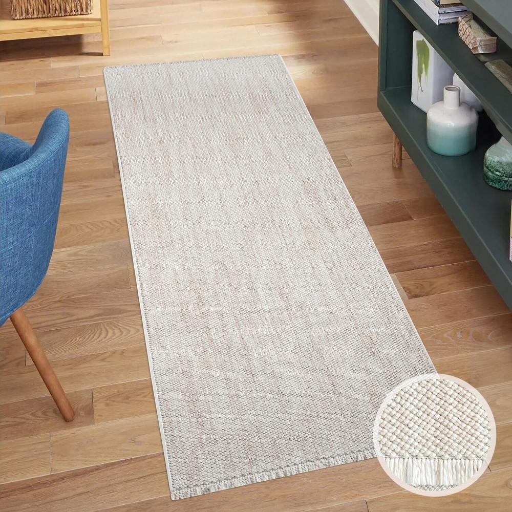 carpet city Teppich-Läufer Kurzflor Flur - Creme - 80x300 cm - Teppiche Fransen Boho-Style - Einfarbig - Schlafzimmer, Wohnzimmer Bild 1