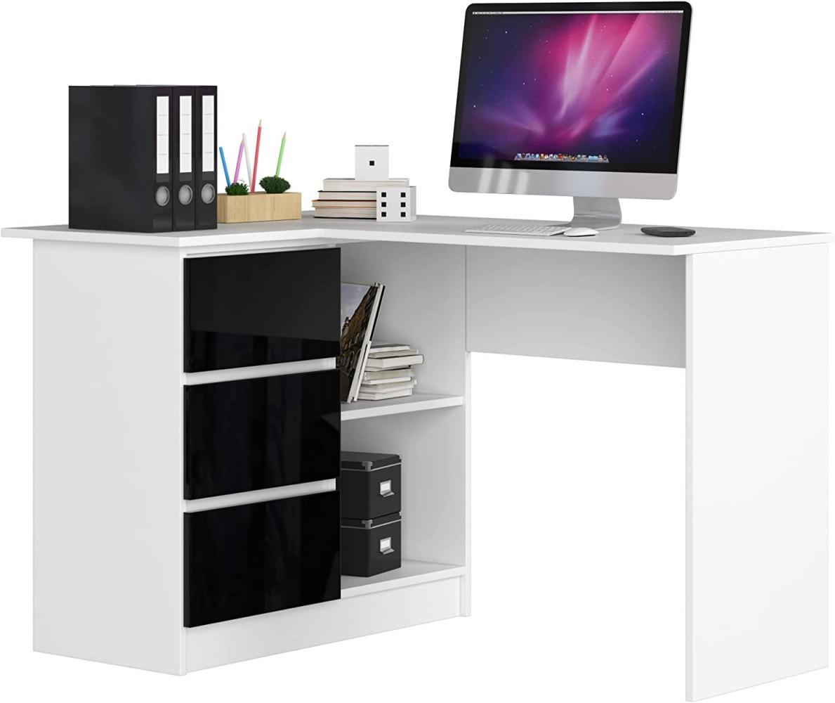 Eck-Schreibtisch B-16 mit 3 Schubladen und 2 Ablagen | Schreibtisch | ecktisch | Eck Schreibtisch für Home Office | Einfache Montage | B124 x H77 x T85, 48 kg Weiß/Schwarz Glänzend Bild 1