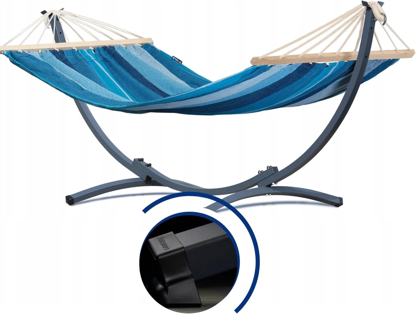 Potenza Stabhängematte mit Gestell I Stabiler Komapkt Rahmen 200kg - 250cm Balkon I Hängematte 200x120cm I Acadia XL Blau Bild 1