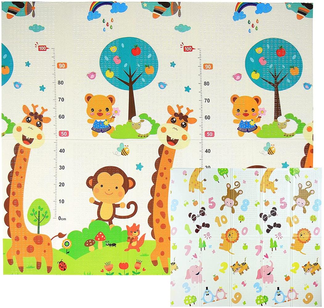 Krabbelmatte Spielmatte Baby Schadstofffrei 198x178x1cm Faltbar Spielunterlage Spielteppich Groß Rutschfest Beidseitig Tragbar Wasserdicht für Innen Außen Bunt - Zahlen & Tiere - 5A Bild 1