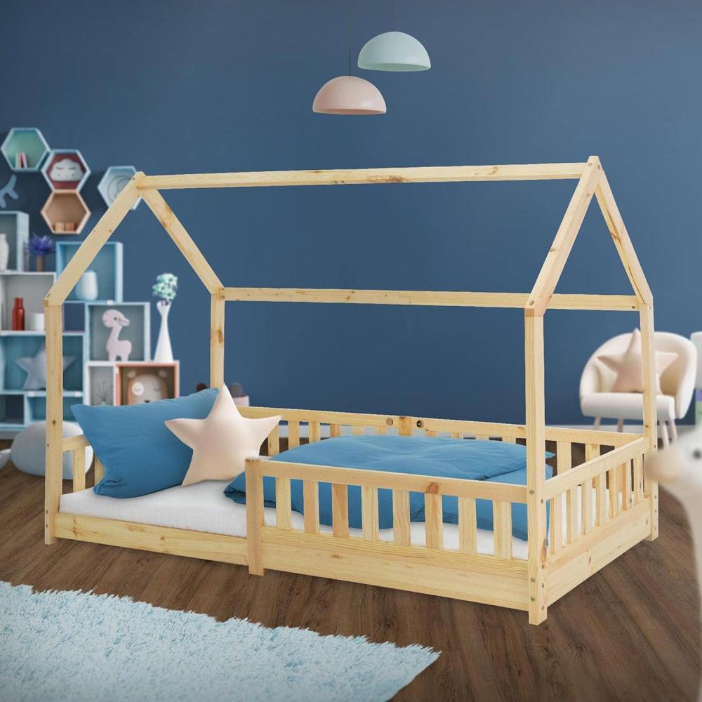 ML-DESIGN Kinderbett Hausbett Spielbett inkl. Lattenrost kreativ Bodenbett für Kinder, Abenteuerbett mit Rausfallschutz Spielbett Kiefer Natur Himmelbett Bild 1