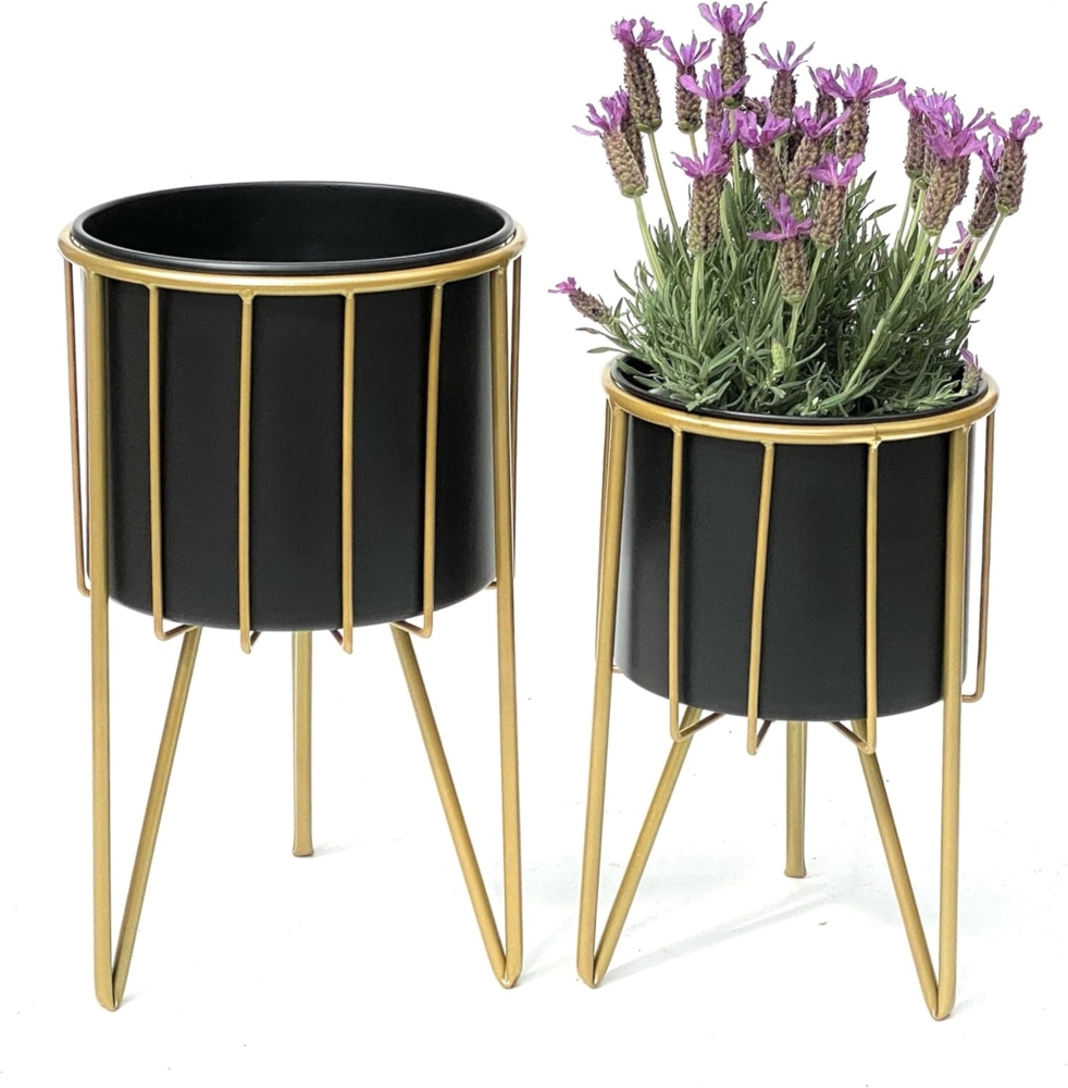 DanDiBo Blumenhocker mit Topf Metall Gold Schwarz Rund 2er Set Blumenständer 96039, Blumensäule Modern Pflanzenständer Pflanzenhocker Bild 1