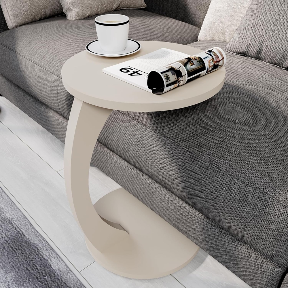 sugodesign Couchtisch mit Rollen, Kleiner Beistelltisch C Form, stylischer Sofatisch in schöner Sand-Beige-Optik, runder Tisch als Ablagefläche für Couch und Sofa Bild 1