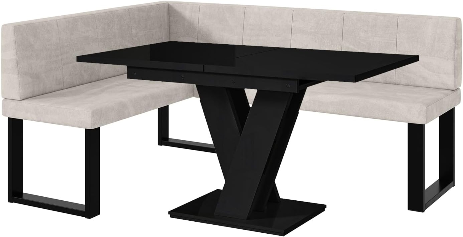 MEBLINI Eckbank für Esszimmer mit ausziehbarem Tisch - Küchenbank - Essecke - Sitzecke Küche - PETER - U-Beine 128x168x87cm Links - Beige Samt/M Schwarz Hochgl. Bild 1