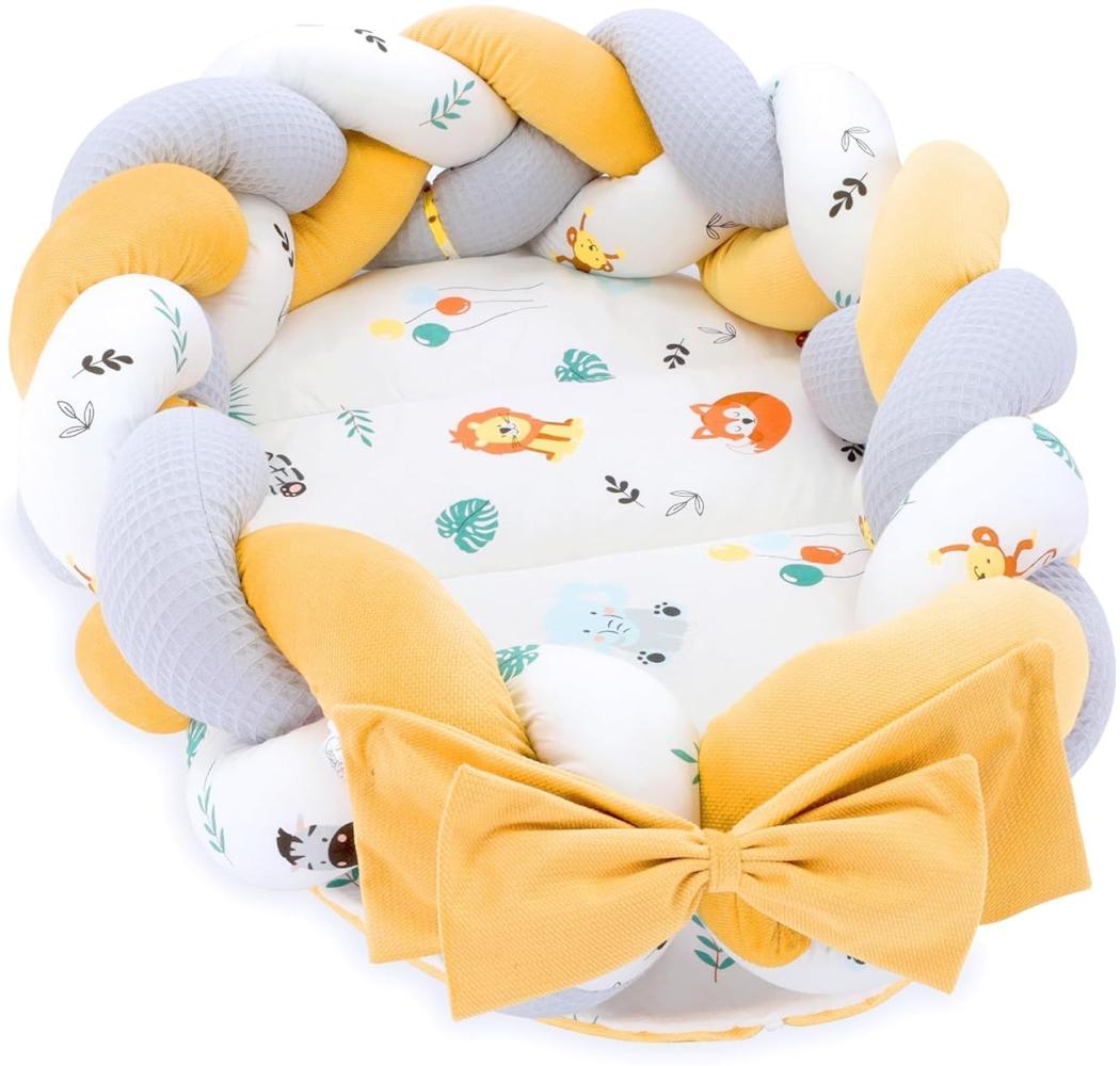 Babynest Neugeborene Nestchen Baby – Velvet Kuschelnest mit Zopf Kissen zerlegbares Set zweiseitig Babynestchen Babybett 75X45, Safari Bild 1