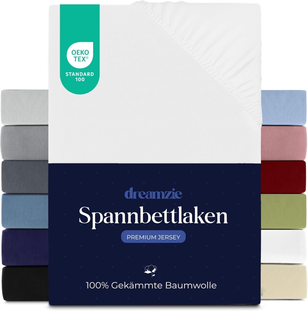 Dreamzie Premium Spannbettlaken 140x200 cm, Spannbetttuch für Dicke Matratzen bis zu 22 cm, Bettlaken 100% Jersey Baumwolle, 150 g/m², Oeko-TEX Zertifiziert - Weiß Bild 1