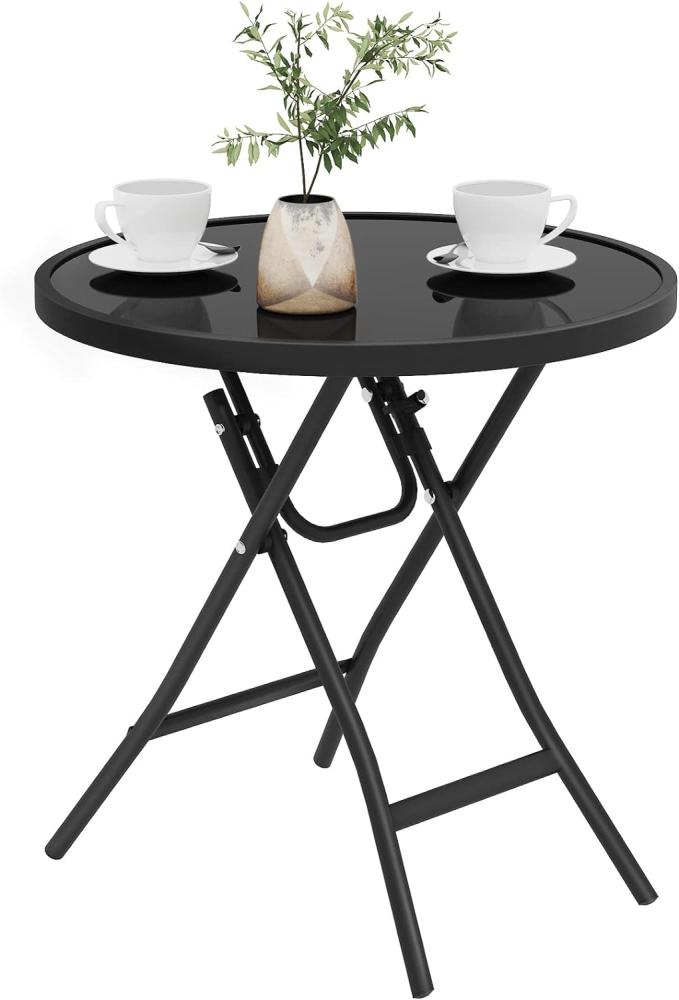 eSituro Klapptisch, Beistelltisch klappbar, Balkontisch Campingtisch Gartentisch Bistrotisch, mit Metallrahmen, runde Tischplatte aus gehärtetem Glas, φ46x47,5 cm, Schwarz SCPT0036 Bild 1