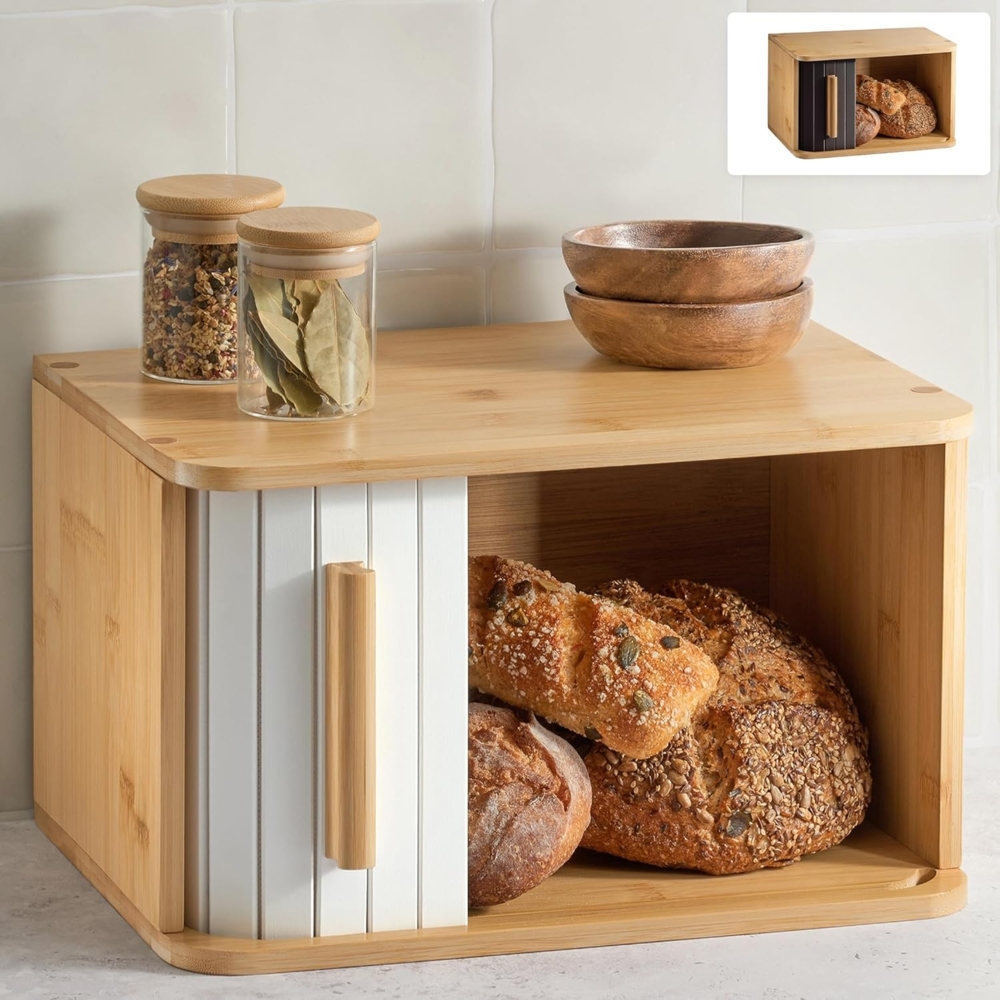 Praknu Brotkasten Brotkasten klein aus FSC® Holz mit Schiebetür - Brotaufbewahrung, Bambus, FSC® Holz - Platzsparend und stilvolle Brotbox für längere Frische Bild 1