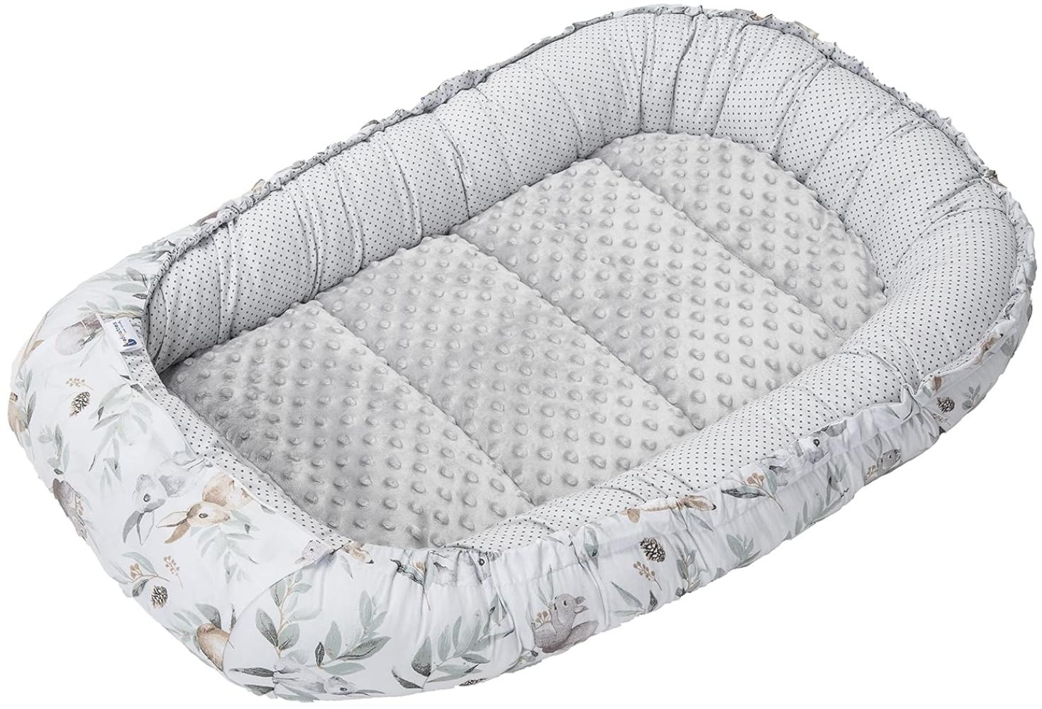 Medi Partners Babynest Kuschelnest Babynestchen 100% Baumwolle Nestchen Reisebett für Babys Säuglinge 100x60x15cm herausnehmbarer Einsatz (Hirsch in Blättern mit Grau Minky) Bild 1