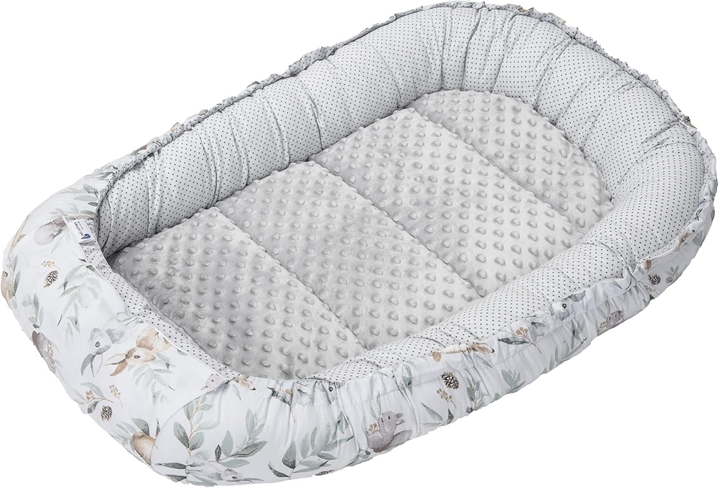 Medi Partners Babynest Kuschelnest Babynestchen 100% Baumwolle Nestchen Reisebett für Babys Säuglinge 100 x 60 x 15 cm herausnehmbarer Einsatz (Hirsch in Blättern mit Grau Minky) Bild 1