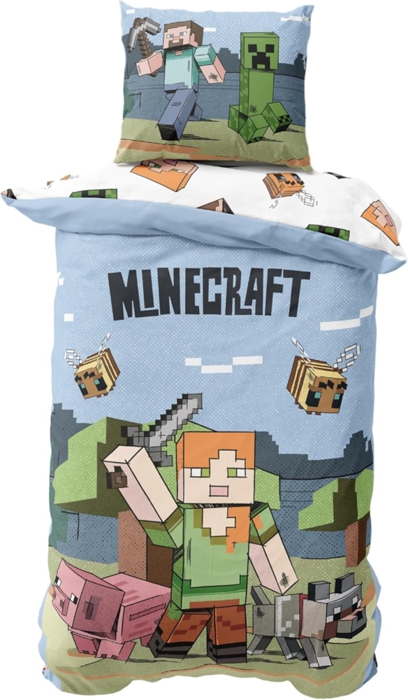 MTOnlinehandel Kinderbettwäsche Minecraft Steve & Alex, Geschenk für Gamer, Mikrofaser, 2 teilig, Wendebettwäsche für Mädchen und Jungs, 135x200 + 80x80 cm, Gaming Bild 1